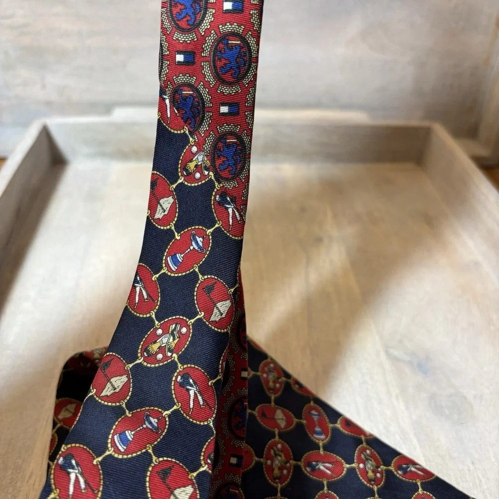 Tommy Hilfiger Adult Tie Red Golfer Golf 100% Italian Silk‎ Made in USA Men's